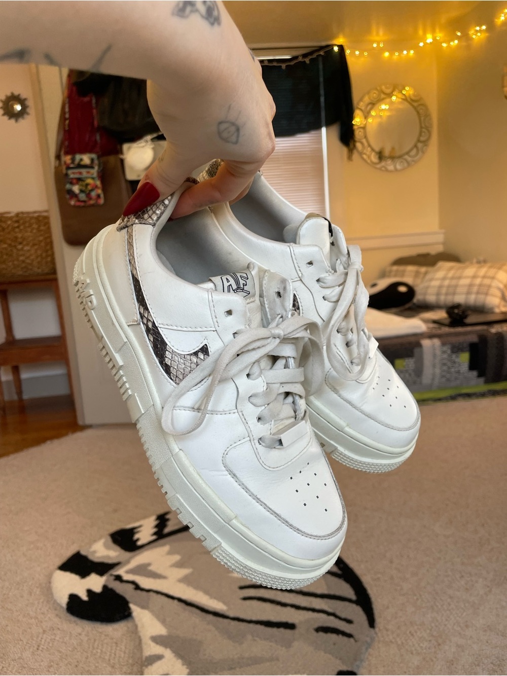 Nike AF1 White Platform Sneakers with Snake-Print Swoosh Everyday Staple Trendy - Picture 2 of 14